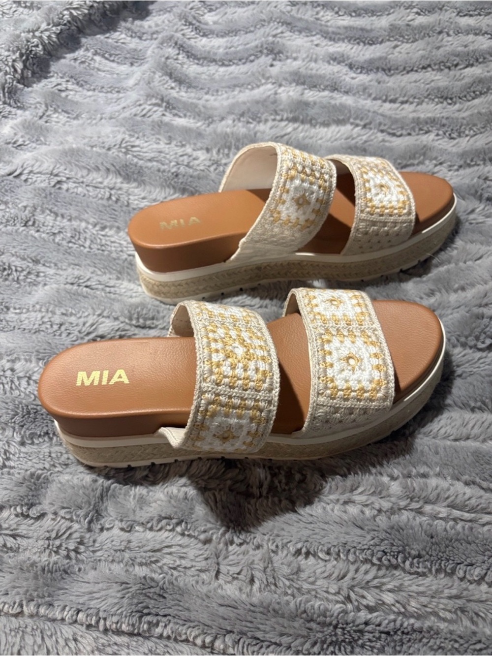 MIA Cream & Tan Embroidered Double-Strap Slide Sandals